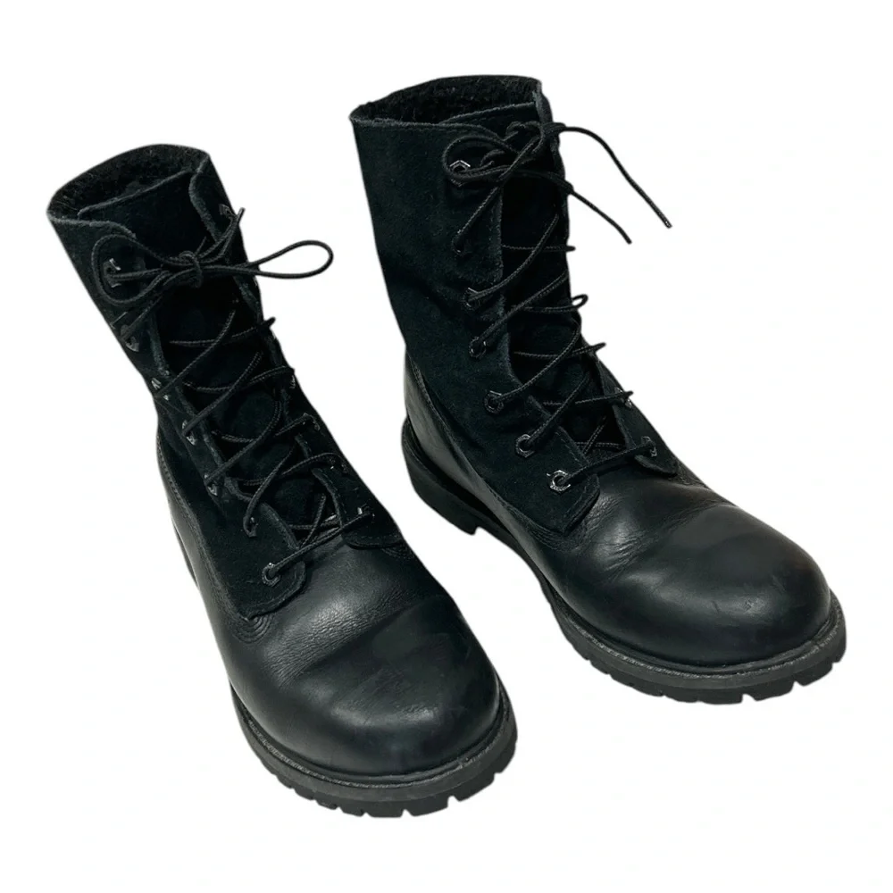 Timberland Black Leather Teddy Fleece Waterproof Fold Down Boots Lace Up Sz 9 - Picture 11 of 16